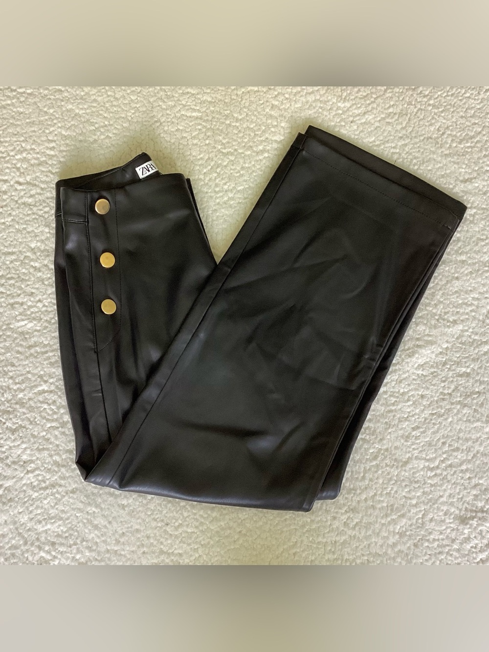 ZARA Black Faux Leather Pants Gold Button High Rise Moto Chic Y2K Size 2‎